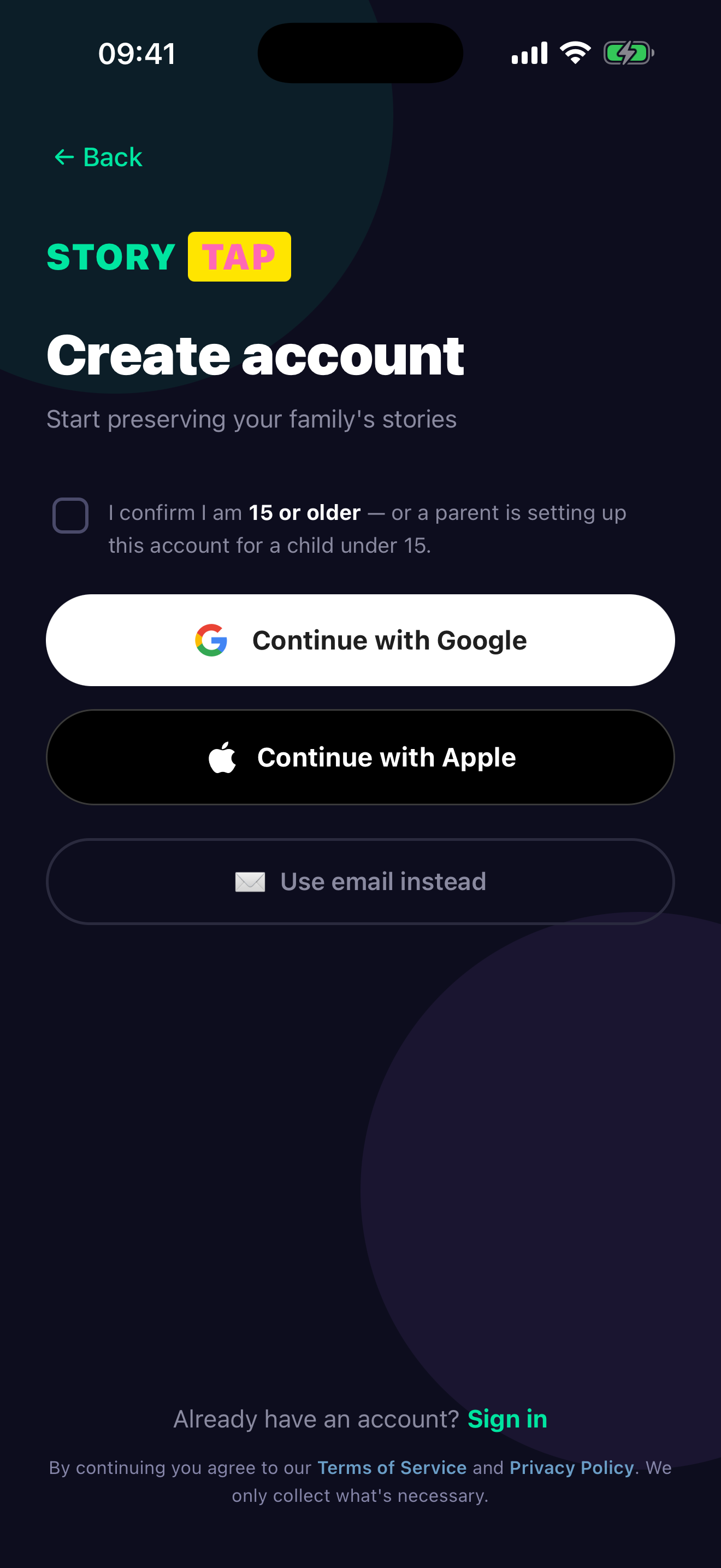 STORYTAP — sign up screen